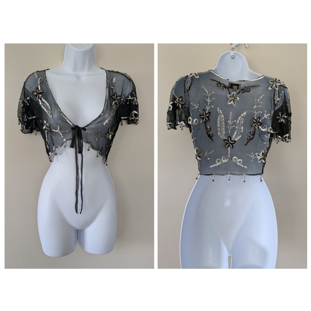 Handmade Mesh Beaded Sequin Shrug Bolero S/M Sheer Floral Y2K Fairy Grunge